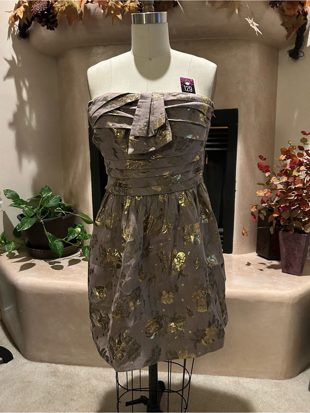 Juicy Couture Taupe Strapless Dress with Gold Floral Foil